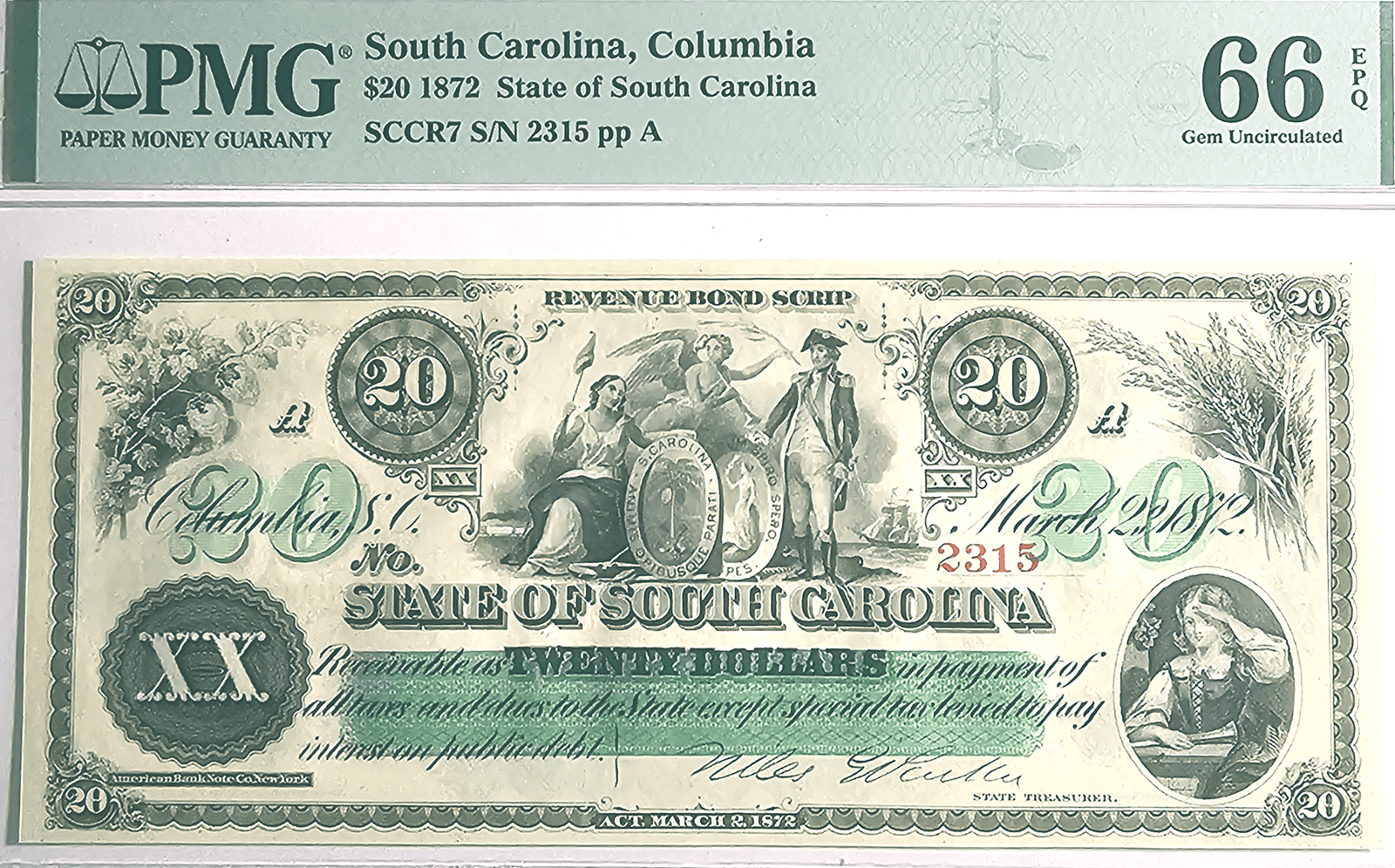1872 South Carolina Bond Scrip to pay for the demolition of the Blue Ridge Railway, Obverse