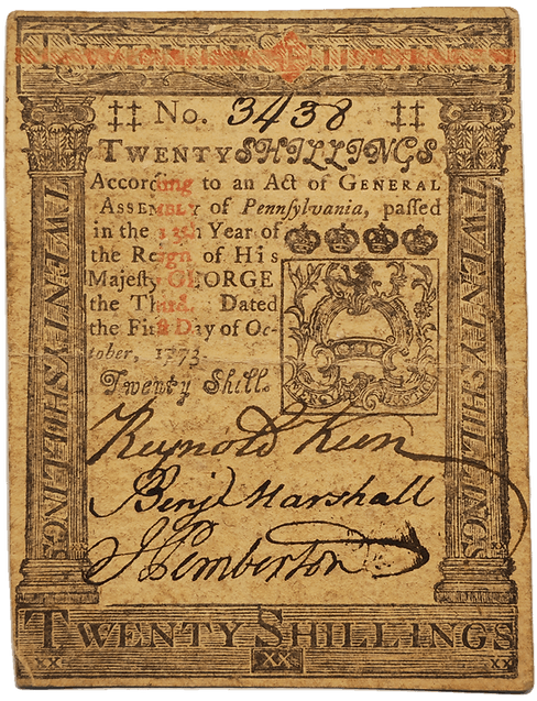 Twenty Shilling Pennsylvania Colonial Note 1773 Obverse View