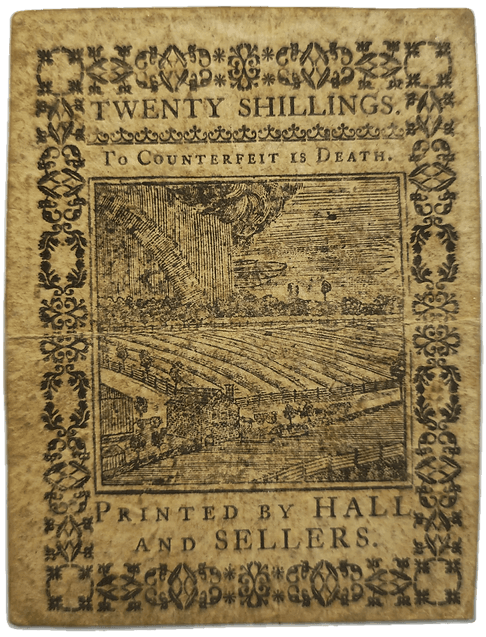 1773 Pennsylvania Colonial 20 Shilling Note Reverse View