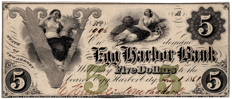 1861 Egg Harbor City Bank NJ Obsolete Obverse View