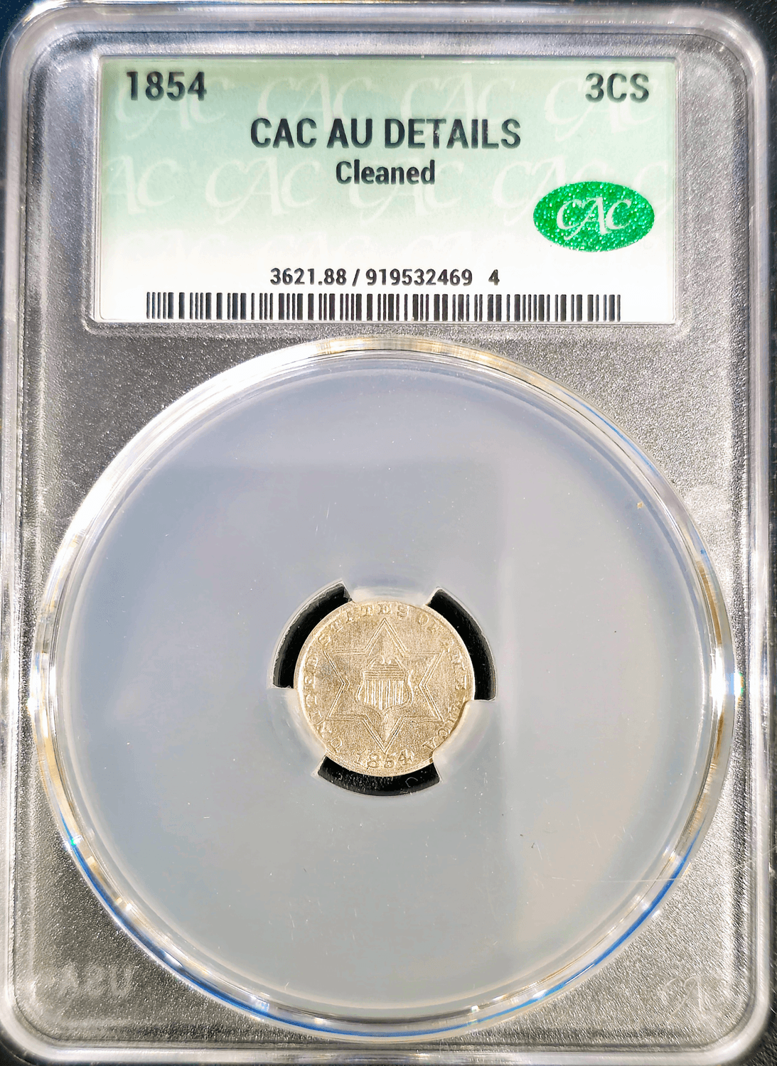 1854 Three Cent Silver CAC AU Details Obverse Holder View