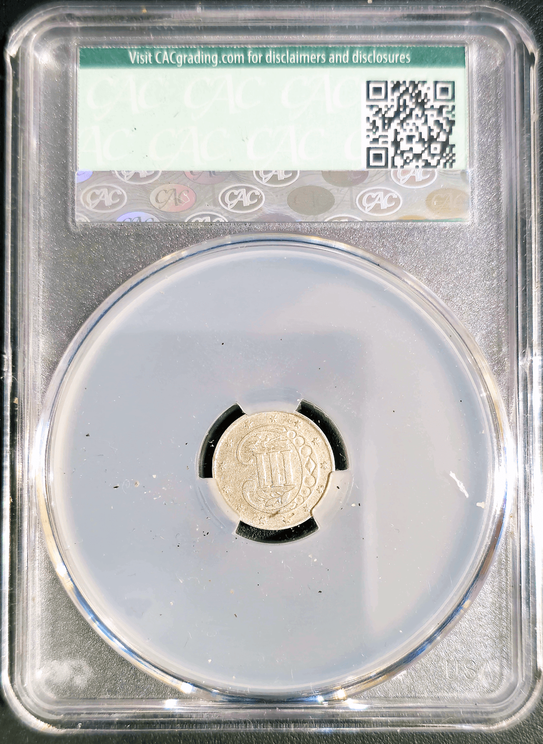 1854 Three Cent Silver CAC AU Details Reverse Holder View