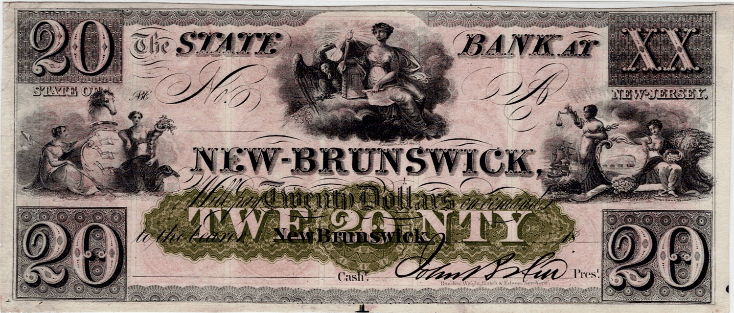 $20 Obsolete State Bank of New Brunswick NJ Obverse View