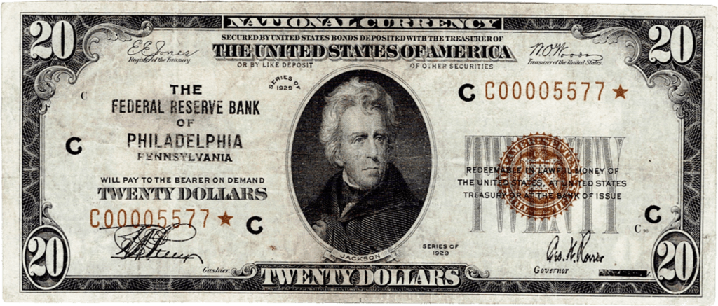 Series of 1929 $20 National Currency Star Note Obverse View