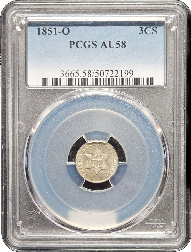 1851 O Three Cent Silver PCGS AU58