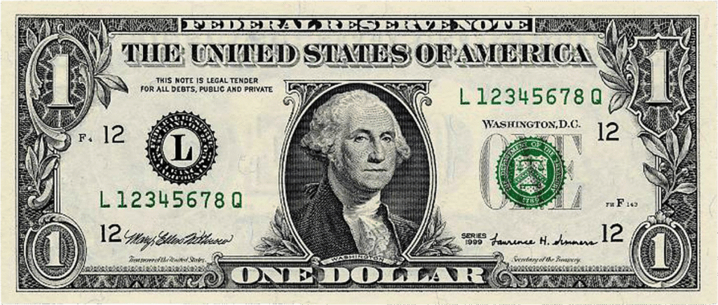 One dollar US note with a ladder serial number