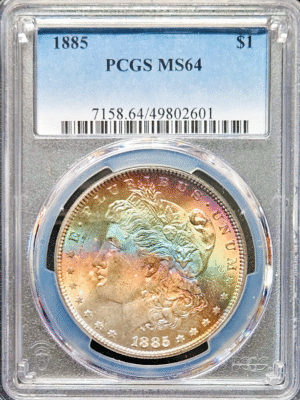 1885 Morgan Dollar Rainbow Toned PCGS MS64