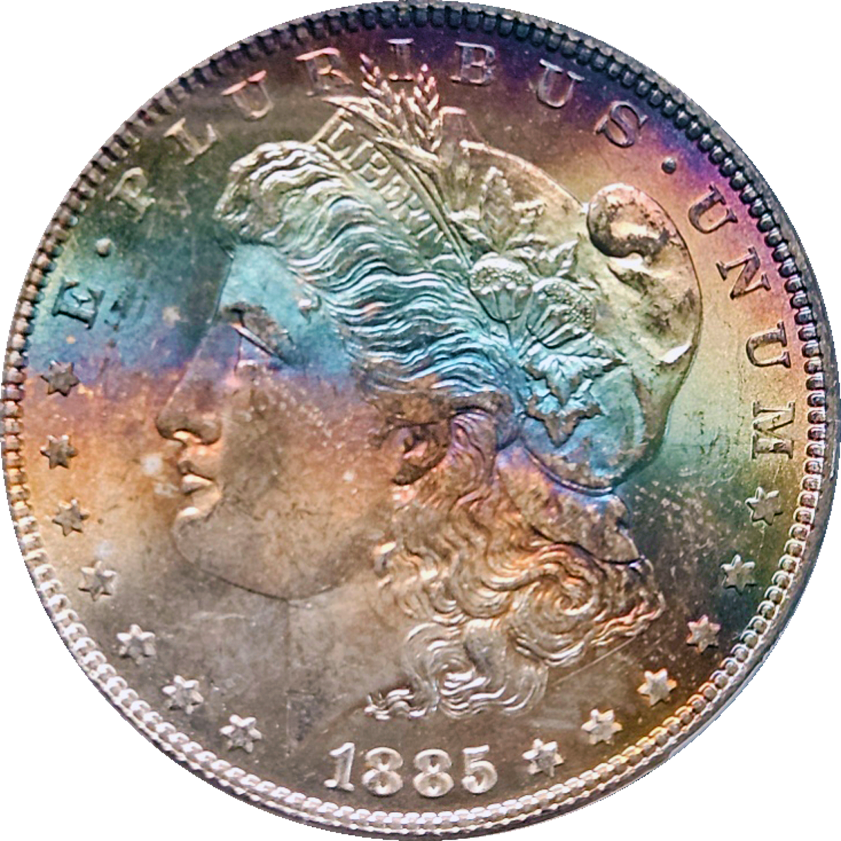 1885 Morgan Dollar Rainbow Toned PCGS MS64