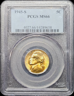 1945 S Toned War Nickel PCGS MS66