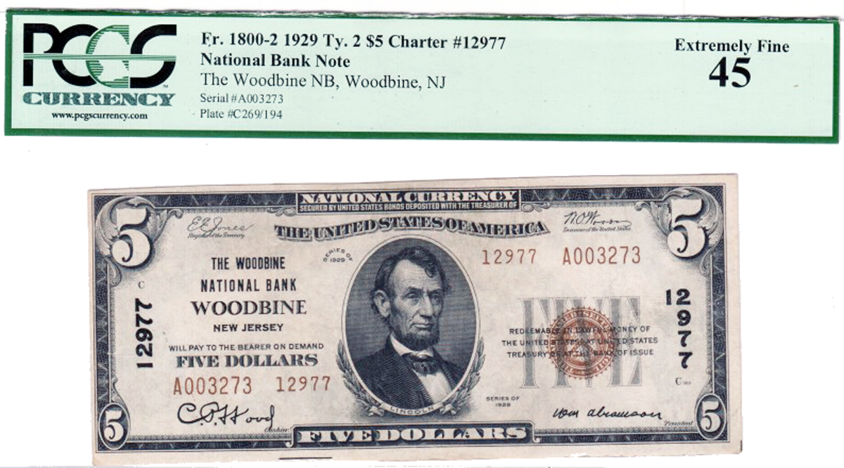 1929 Type2 %5 national currency of Woodbine NJ