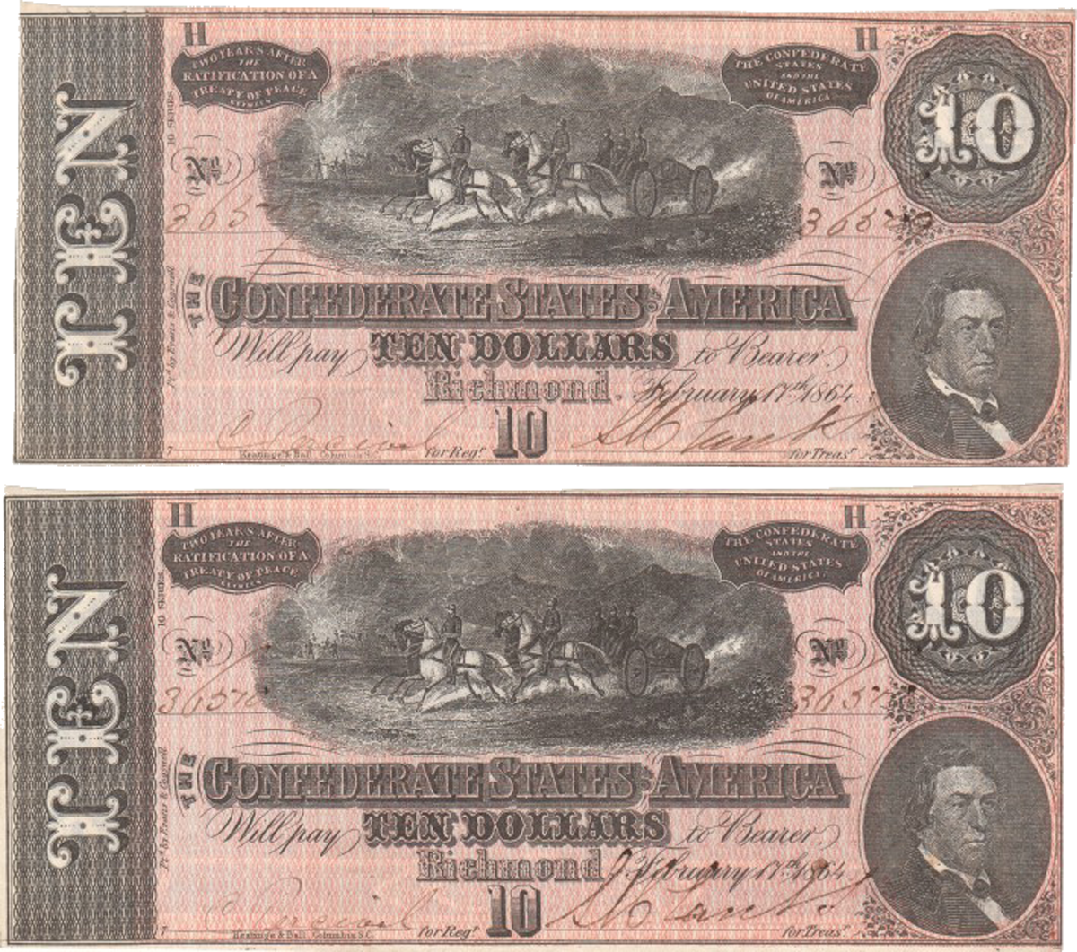 T68 Confederate $10 notes with consecutive serial numbers